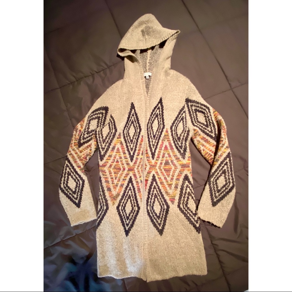 Hooded cardigan, size medium. 54% cotton 46% acrylic. Warm and soft.